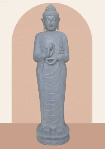 Artikelbild des Artikels “Stehender Buddha aus Flussstein in Dharmachakra-Position - Geste des Rades der Dharma-Lehre. Etwa 180cm Höhe. “